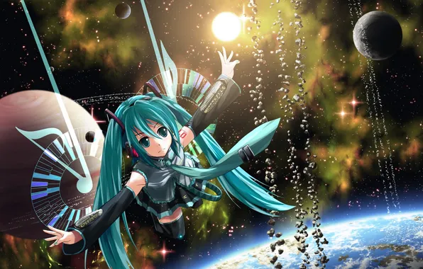 Picture girl, space, earth, planet, anime, art, vocaloid, hatsune miku