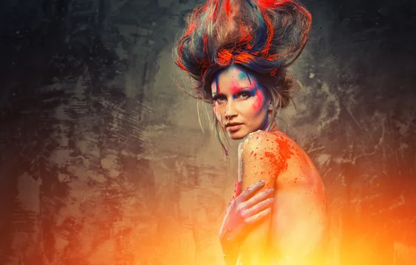 Look, girl, squirt, paint, glow, brown hair, blue-eyed