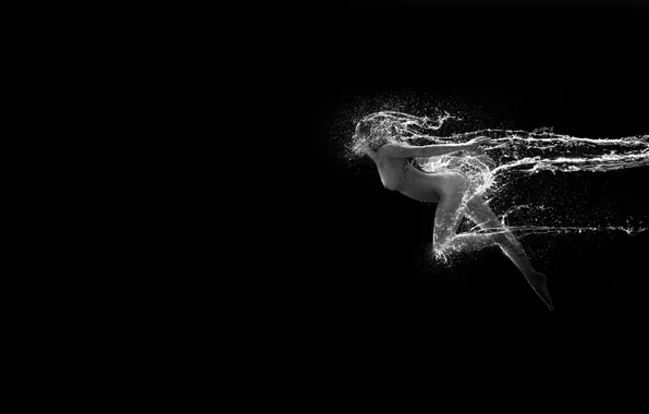 Water, girl, train, black background