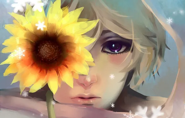 Picture flower, snowflakes, face, sunflower, scarf, guy, russia, axis powers hetalia and axis countries