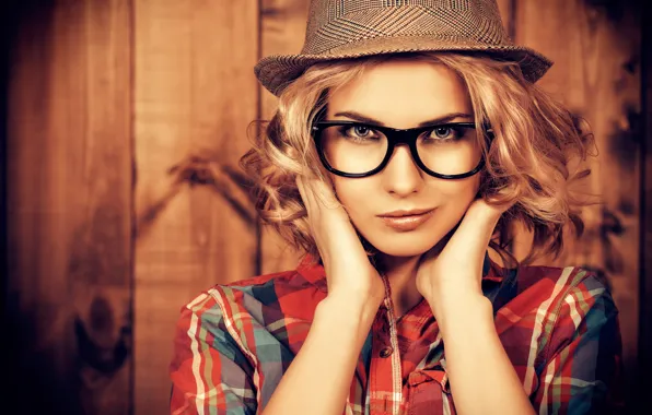 Background, portrait, hat, makeup, glasses, hairstyle, blonde, shirt