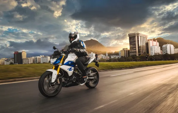 Picture city, BMW, road, sky, motorcycle, BMW G 310 R