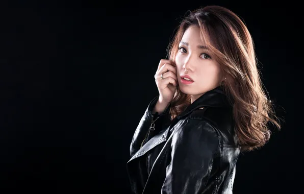 Picture look, jacket, brown hair, Asian, black background