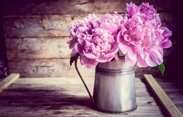 Flowers, Board, bouquet, pitcher, peonies