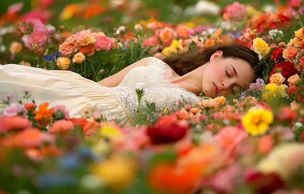 Field, girl, flowers, AI art, neural network