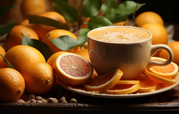 Leaves, table, oranges, juice, plate, mug, Cup, fruit