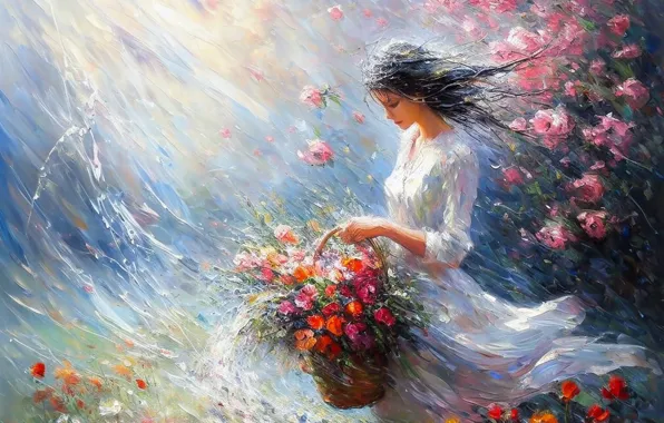 Summer, water, girl, drops, light, flowers, pose, rain