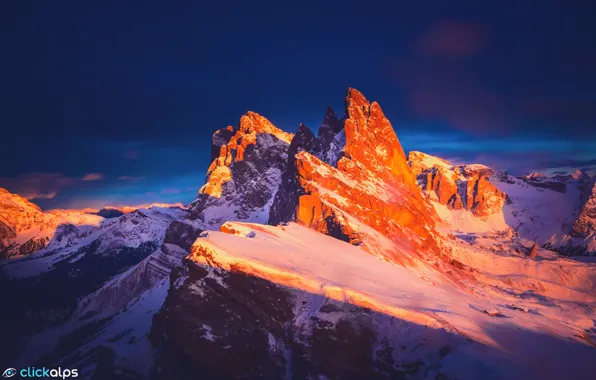 Picture winter, sunset, mountains, rocks, the evening, Italy, ridge, The Dolomites