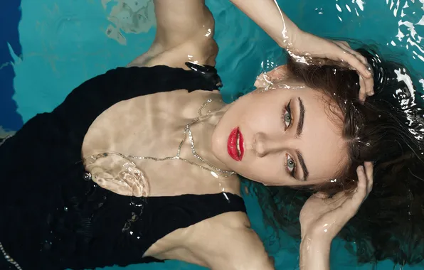 Look, water, girl, face, pose, hands, long hair, red lipstick