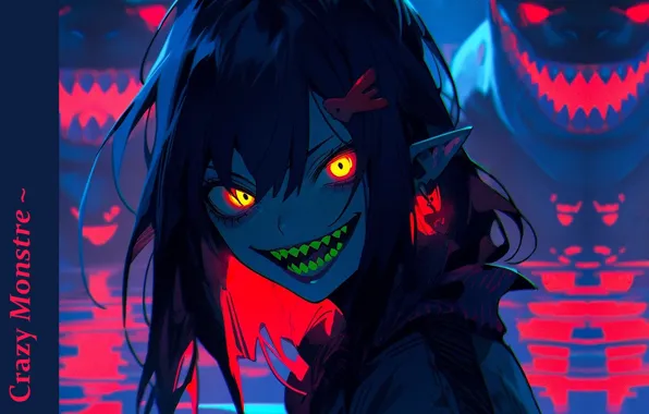 Monster, predators, mouth, fangs, demoness, burning eyes, crazy eyes, hell of a grin