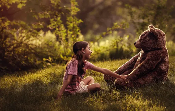 Picture forest, trees, Park, toy, the game, bear, bear, girl