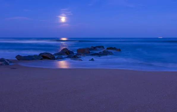 Sand, beach, the sky, clouds, night, stones, the moon, shore