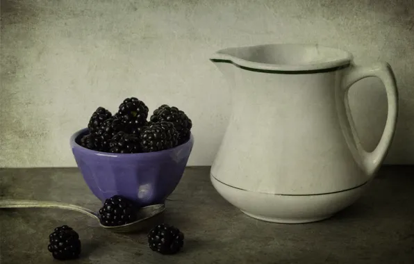 Picture white, style, berries, table, BlackBerry, bowl, pitcher, lilac