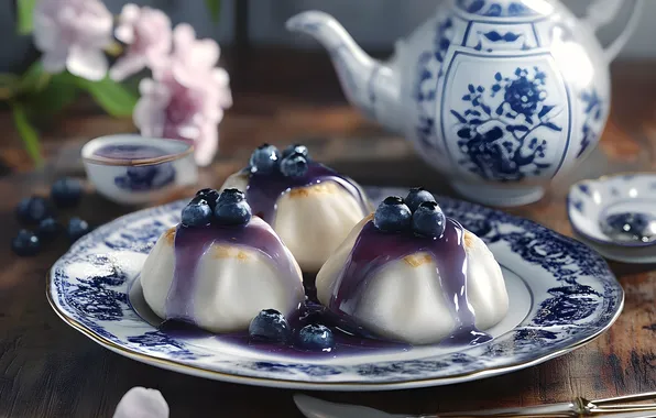 Flowers, table, kettle, blueberries, plate, cream, dessert, syrup