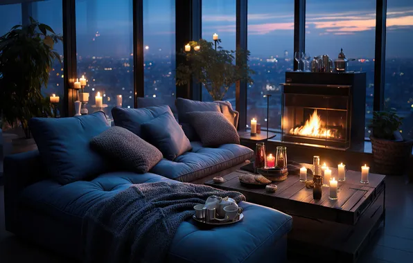 Glass, night, the city, comfort, house, table, room, sofa