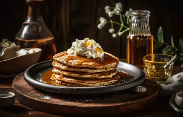 The dark background, table, Board, bottle, honey, plate, stack, bowl