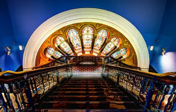 Picture window, ladder, railings, stage, stained glass