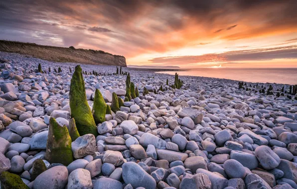 Sea, sunset, stones, shore