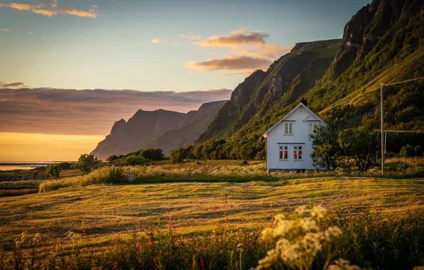 Picture sunset, mountains, house, meadow, Norway, Andoya Island, Norway Annea Island