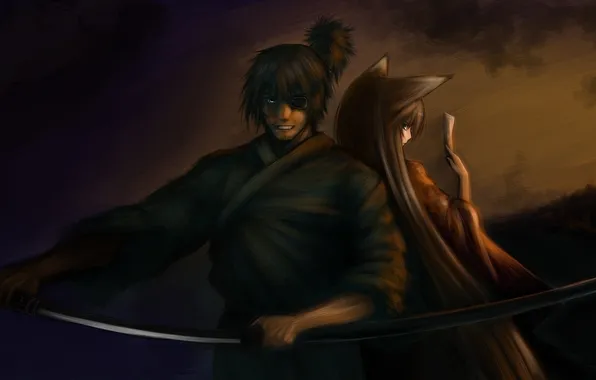 Girl, the sun, sunset, mountains, nature, weapons, katana, anime