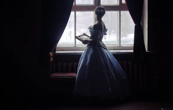 Girl, dress, window, chair