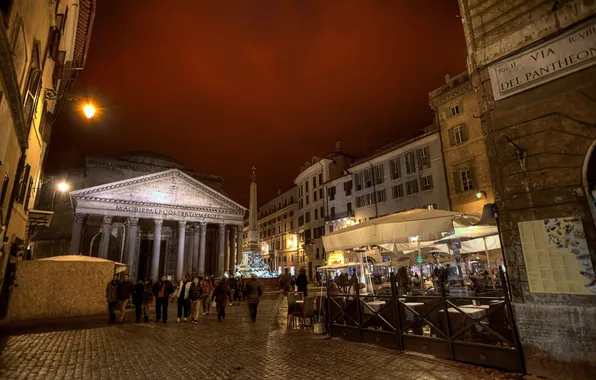 Night, lights, street, Rome, Italy, fountain, obelisk, Pantheon