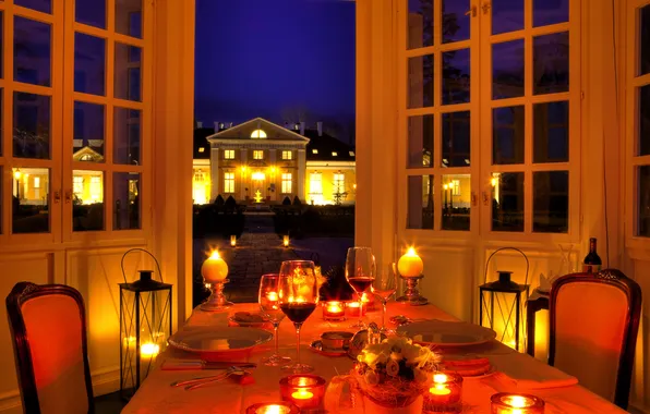 Lights, house, table, Villa, the evening, candles, glasses, holiday