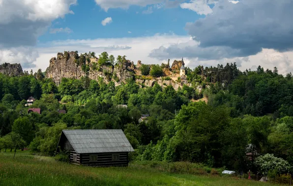 Greens, forest, the sky, clouds, trees, mountains, castle, rocks
