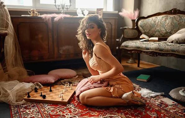 Girl, portrait, chess, dress, George Chernyadev, Georgy Chernyadyev, Ksenia Zhdakhina