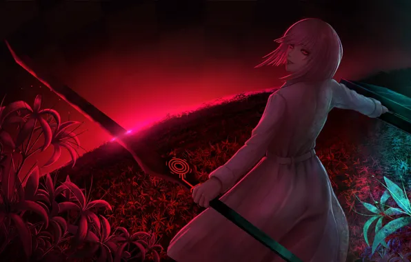 Field, girl, flowers, sword, anime, art, tokyo ghoul, Hairu Ihei