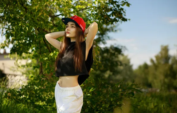 Picture girl, pose, figure, cap, baseball cap, long hair, nature, Igor Kupriyanov