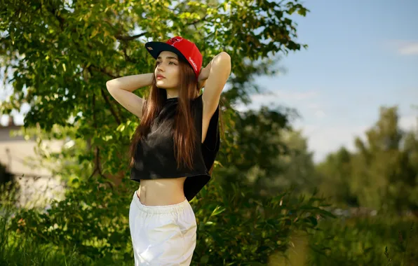 Girl, pose, figure, cap, baseball cap, long hair, nature, Igor Kupriyanov