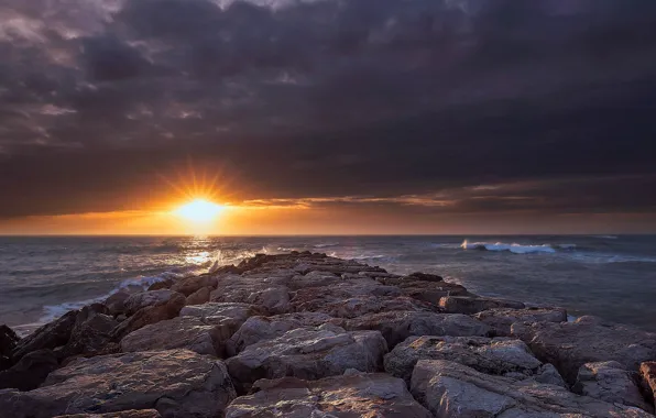 Picture sea, sunset, stones, coast, Spain