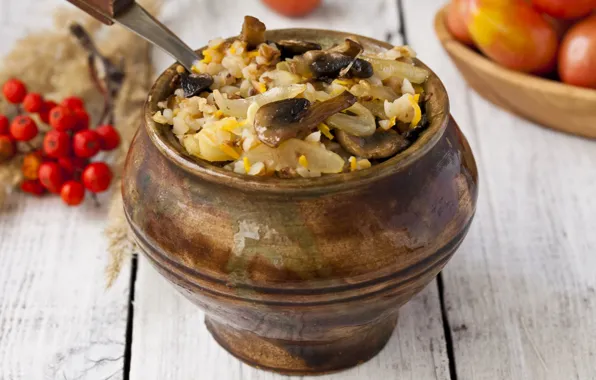 Mushrooms, pot, porridge, buckwheat