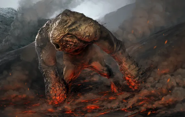 Mountains, fiction, monster, art, lava golem