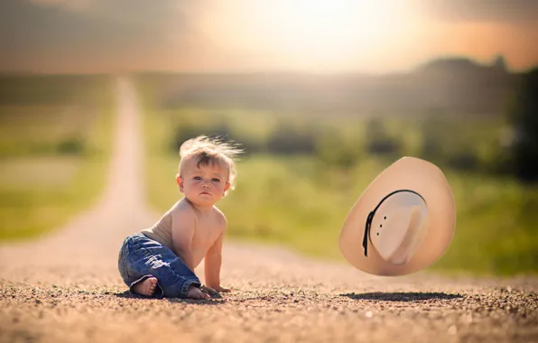 Road, the wind, hat, space, child, bokeh