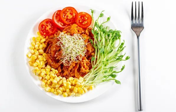 Corn, plate, plug, tomatoes