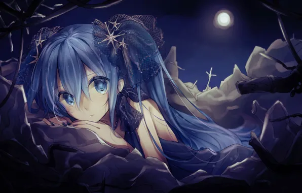 Picture girl, tape, the moon, anime, art, vocaloid, hatsune miku