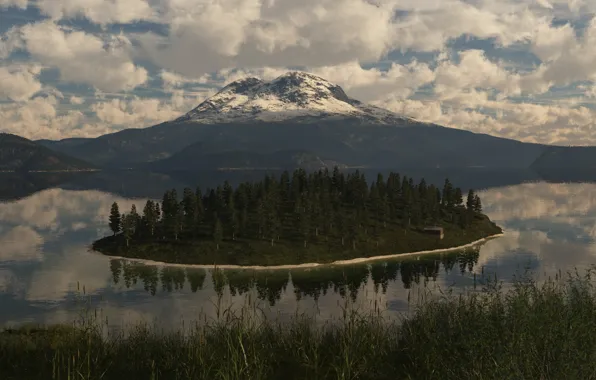 Trees, nature, lake, island, mountain, art, building