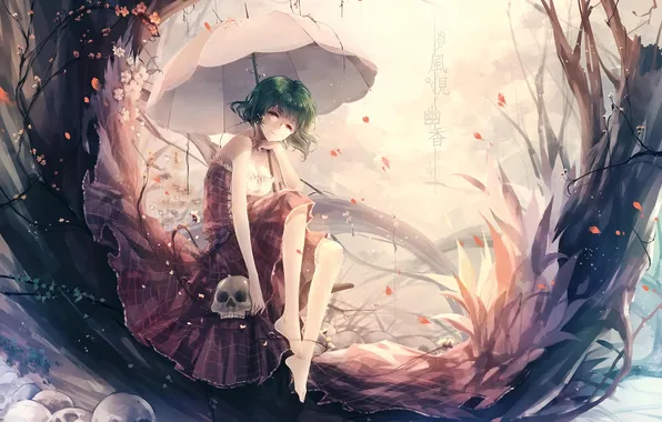 Flowers, umbrella, skull, umbrella, petals, girl, touhou, kazami yuuka