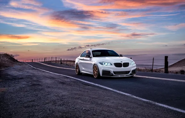 Picture BMW, Car, Front, Sunset, White, Sunrise, Mountains, Road