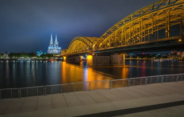 The sky, reflection, night, bridge, the city, lights, river, Gothic