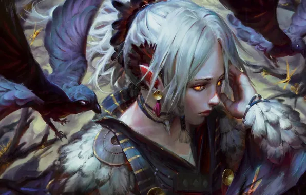 Girl, birds, fantasy, elf, art, guweiz