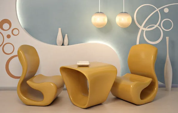 Picture design, style, room, interior, chair, vase, form, yellow