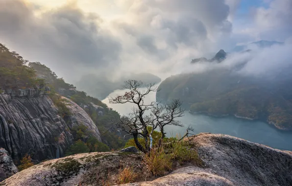 Clouds, landscape, mountains, nature, fog, river, Korea