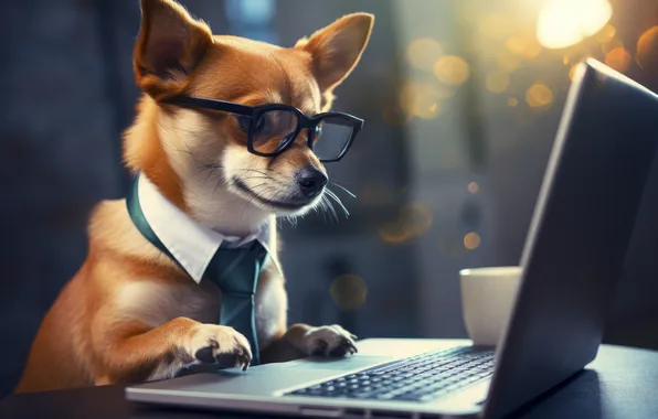 Dog, Glasses, Laptop, Creative, Digital art, Corgi, AI art, The Art of Artificial Intelligence