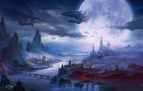 Night, The city, River, The moon, Palace, Castle, The airship, Ships