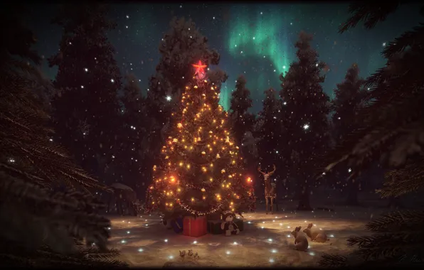 Northern lights, deer, rabbits, Christmas decorations, winter forest, new year's eve, gifts, elegant tree