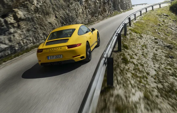 Picture road, asphalt, yellow, movement, Porsche, the fence, 2018, 911 Carrera T