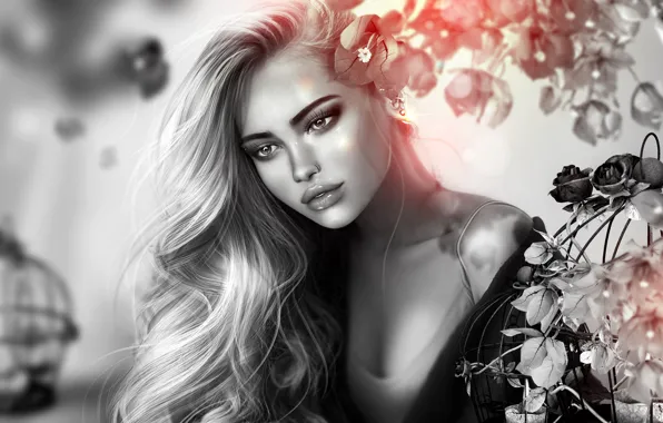 Flowers, background, Girl, black and white, Rendering